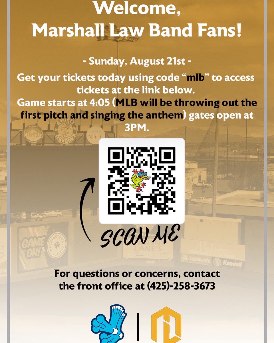 MarshallLawBand's tweet image. This Sunday!!!! 🏟 🤩 Join the MLB at the @EverettAquaSox game 🗣 🎸⚾️ we’ll be throwing out the first pitch and rooting on the home team 🗣🗣💙🧡💙🔥 hit us up for tickets or scan the QR CODE 🏟 #LetsgoAquaSox