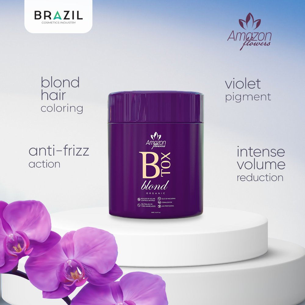 BrazilCGroup's tweet photo. Ready for the ultimate in volume reduction and neutralization of yellowish tones? #BTOXBLOND does all this aligned with the increase in shine, nutrition, mass replacement, and frizz elimination 
.
#HairTechnology#Organic#AmazonFlowers #BToxPremium#BToxBlond#BrazilCosmetics https://t.co/pj1VP54teH