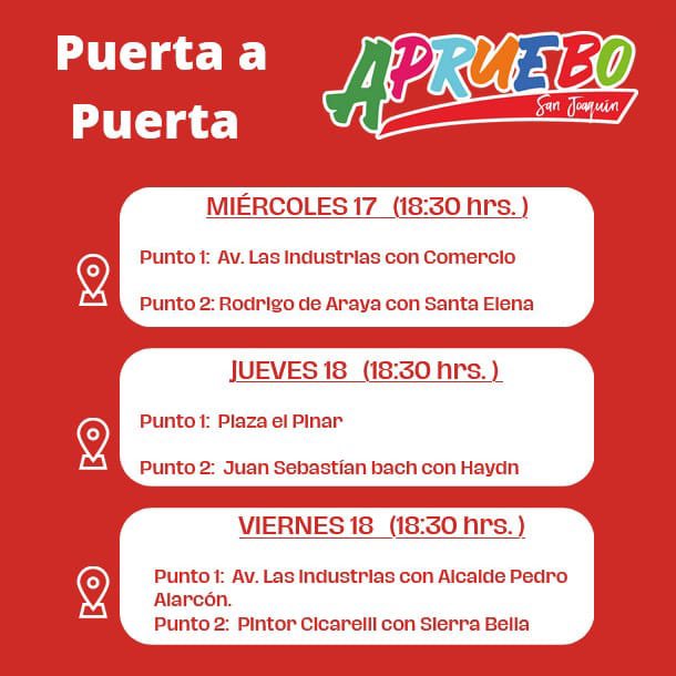 AprueboSJ's tweet photo. 🔈Cada vez quedan menos días y estamos más cerca de nuestro sueño. Acompáñanos a invitar a nuestros vecinos/as a ser parte de este proceso histórico donde daremos el puntapié inicial a un Chile más justo y digno.
Únete a este despliegue territorial🚪🏡
#Apruebo
#AprobamosFelices https://t.co/aZqPzLN9Zf