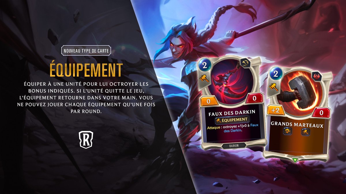 RuneterraFR's tweet photo. NOUVEAU TYPE DE CARTE : Équipement

Qu'emporterez-vous au combat ? ⚔️

⬇️⬇️⬇️ https://t.co/5ThPRnmCF6