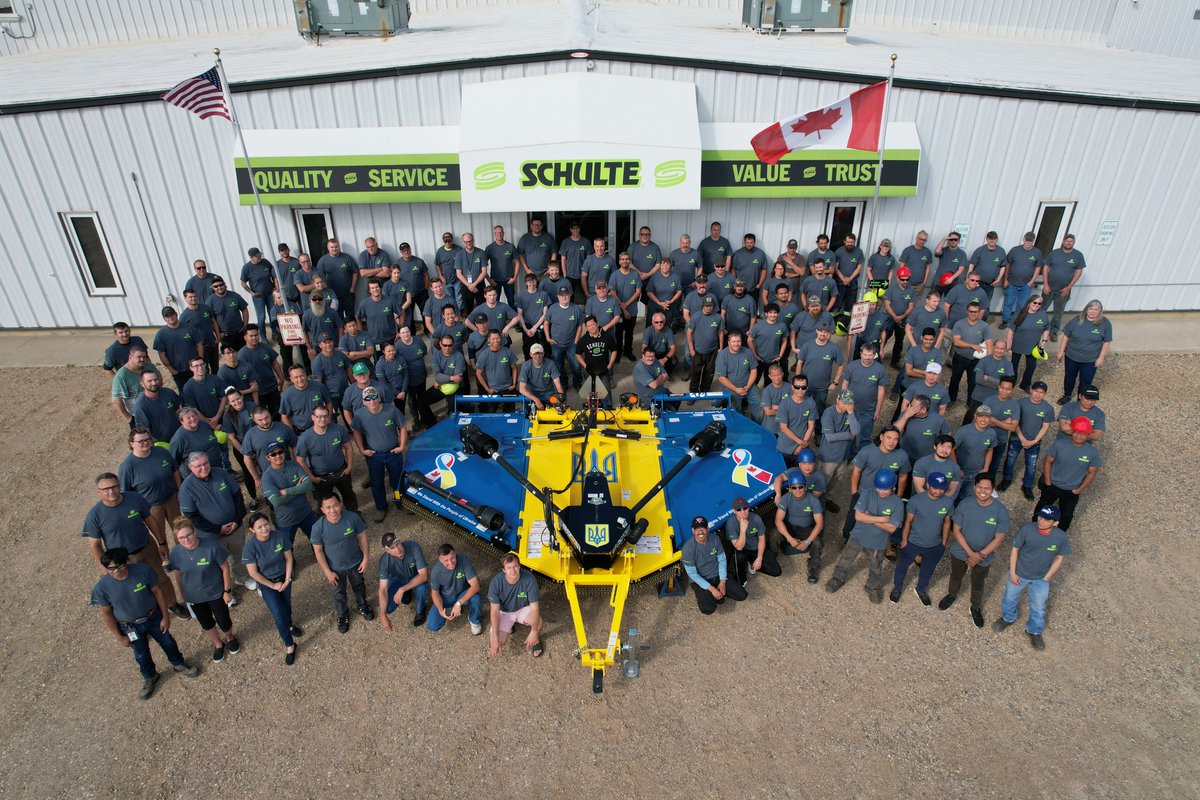 We had our summer service awards and our first staff photo in three years. Took the photo with the GX-150 Ukrainian Charity Rotary Cutter. It will be auctioned off by Ritchie Bros. in December with all proceeds going to settle displaced refugees from the Ukraine in Sask.