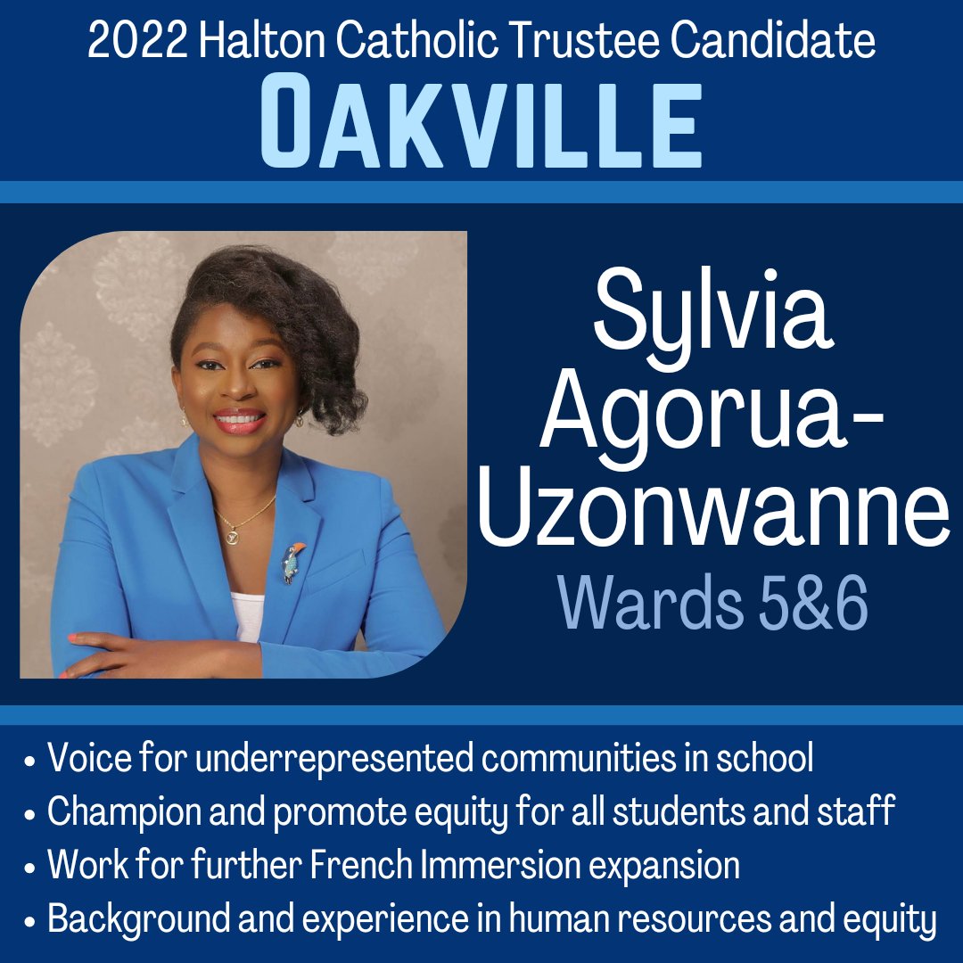 HaltonPFC's tweet photo. Sylvia Agorua-Uzonwanne is running because she understands the importance of diversity and representation in order to broaden and enrich the voices at the #HCDSB board table. On Oct24, vote for @Sylvia4Trustee for HCDSB trustee Oakville Wards 5&amp;6.

#onted #YourVoteIsYourVoice https://t.co/YAPlJPMCNL