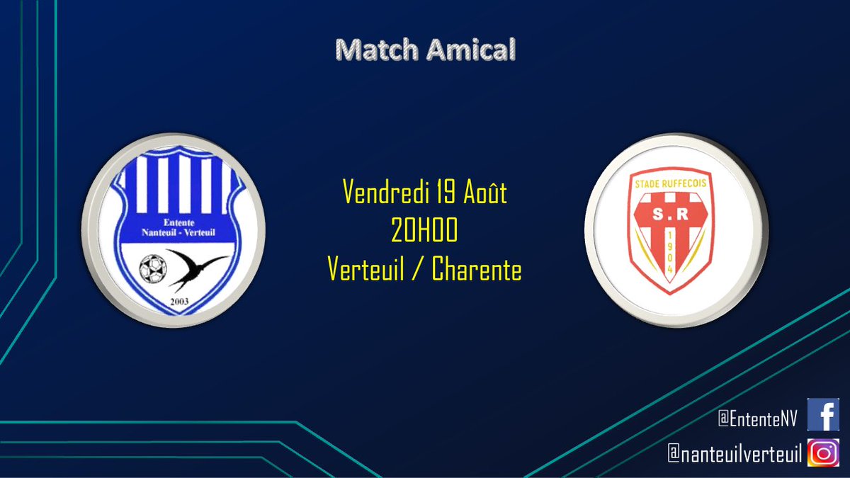 EntenteV's tweet photo. Bonjour à tous, 

Ce Vendredi 19 Août nous vous donnons rendez-vous à 20h pour un match amical contre l’équipe B du Stade Ruffecois ⚽️ https://t.co/02MpOrczG9