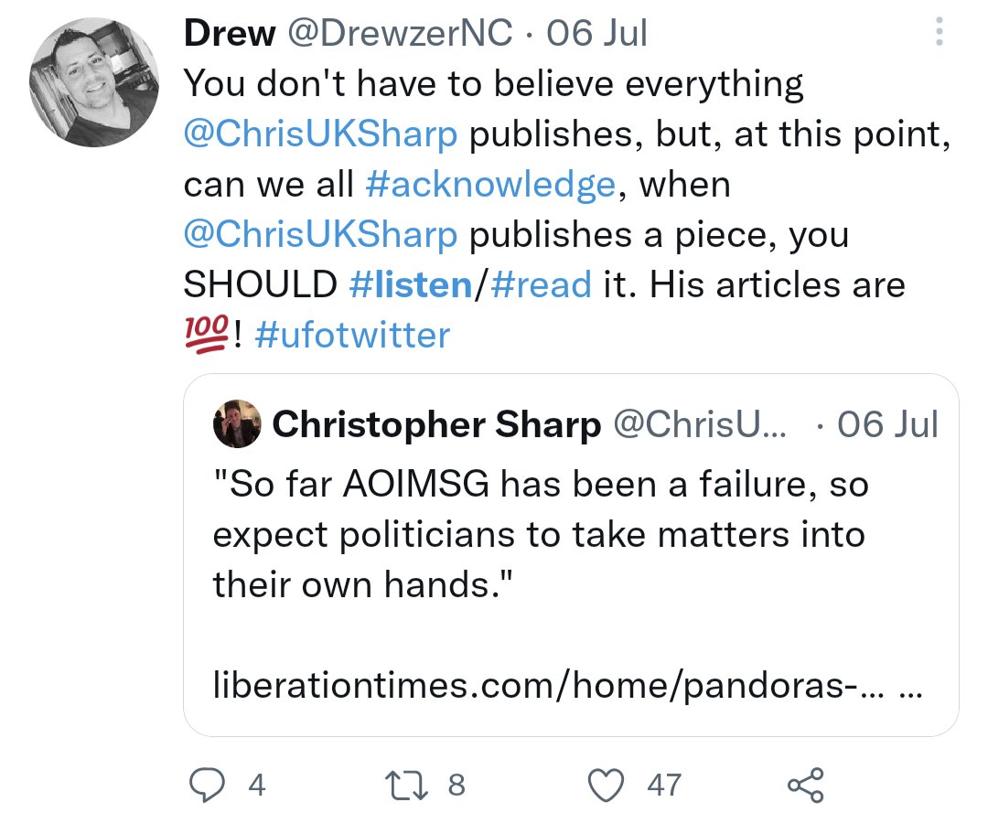 DrewzerNC's tweet photo. @ChrisUKSharp I #stand_by my Jul 6 2022 #statement 👇🏼 😉 #ufotwitter https://t.co/GD7qjjhM5k