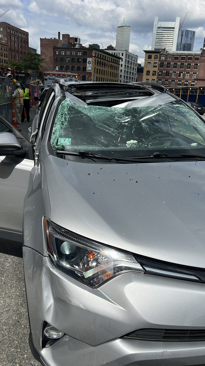 A CLOSE CALL. This postal worker was driving home when a piece of metal from a construction site in Boston’s Seaport fell on his car with him inside. He’s still at the hospital, but he says he’s lucky to be alive. #WBZ at 6pm.