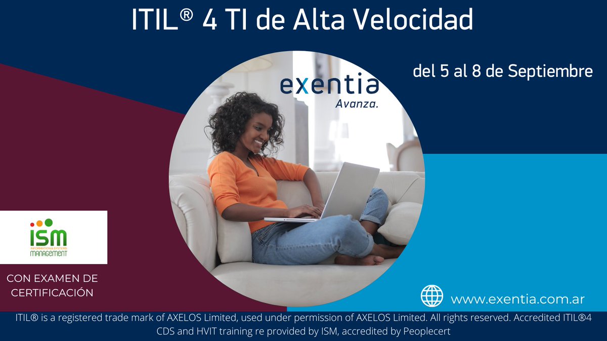 ExentiaArg's tweet photo. Curso High Velocity IT #ITIL4 con certificación oficial.
+ info: info@exentia.com.ar
@rllombardi https://t.co/5CY4gh6xwO
