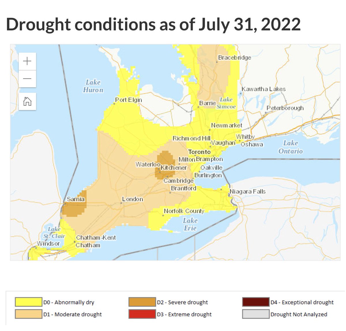 Much of Southern Ontario is abnormally dry or in a drought, according to the Canadian Drought Monitor. And data is from July 31, so situation is worse now.

If you have trees on your property, give them a slow, deep watering under entire canopy at least once a week.