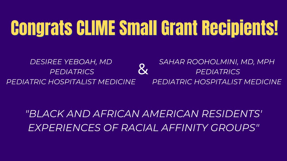 UW_CLIME's tweet photo. Congratulations to CLIME Small Grant Recipients Drs. Desiree Yeboah and @sroo!

"Black and African American Residents' Experiences of Racial Affinity Groups"

Learn more about their study: https://t.co/3bbezXomID

#MedEd #MedTwitter https://t.co/KHIzzpksX8