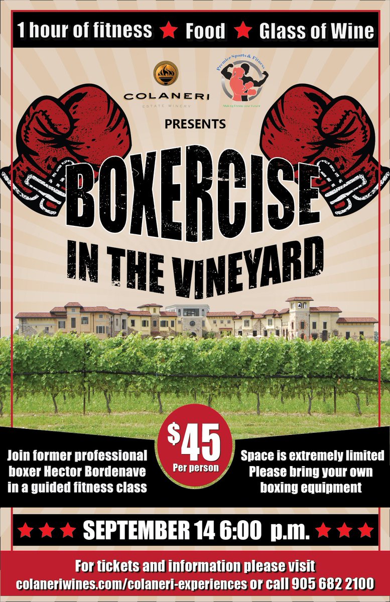 Come take a jab at this unique event! 🥊
We have partnered with Premier sports and Fitness to bring you a 1 hr guided fitness class hosted by former professional boxer Hector Bordenave. Finish this incredible experience with a glass of refreshing Colaneri wine and assorted panini