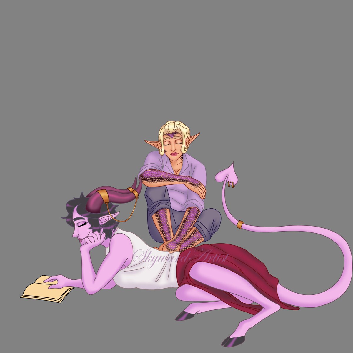 SkywardArtist's tweet photo. My draconic sorceress Varie Aishun and her wonderful bard wife, Emmi Namin Aishun. Emmi is an 8ft tiefling. Varie loves her tall wife. #dnd #dnd5e https://t.co/vhbrqmJls5