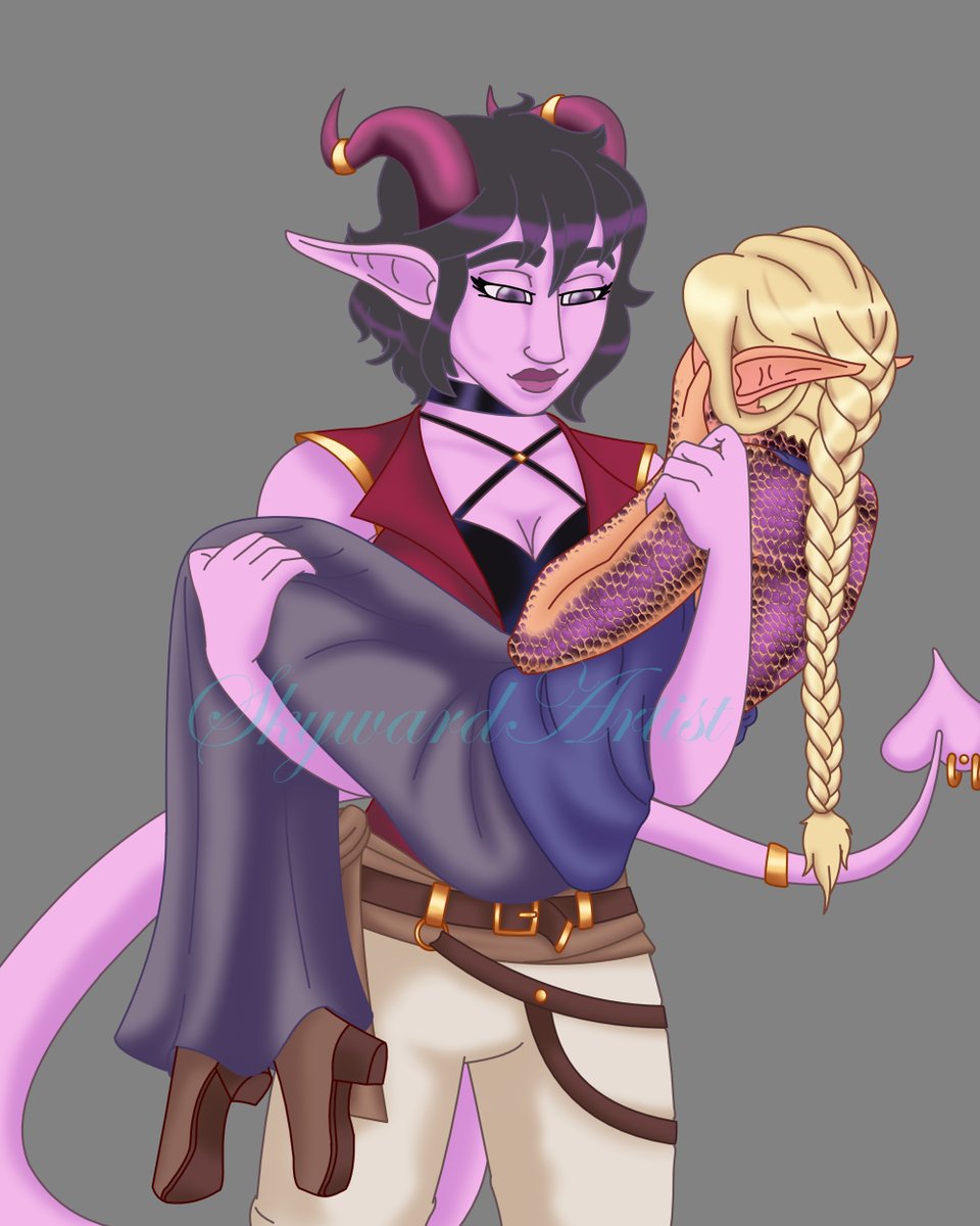 SkywardArtist's tweet photo. My draconic sorceress Varie Aishun and her wonderful bard wife, Emmi Namin Aishun. Emmi is an 8ft tiefling. Varie loves her tall wife. #dnd #dnd5e https://t.co/vhbrqmJls5