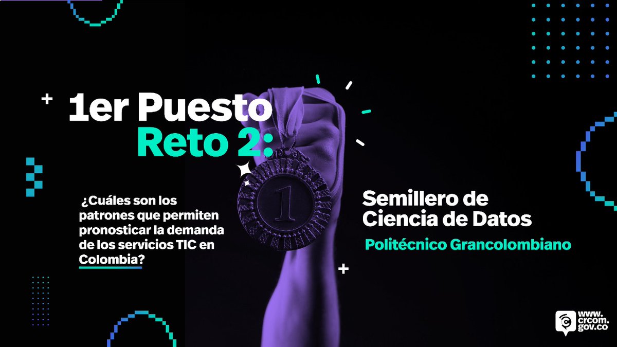 CRCCol's tweet photo. Para el segundo reto del #DataJamCRC2022 el primer puesto es para la propuesta ¿Cuáles son los patrones que permiten pronosticar la demanda de los servicios TIC en Colombia? Del  Semillero de Ciencia de Datos - @Poligran.  https://t.co/nIS0DVpMVg https://t.co/atsvmNU67q