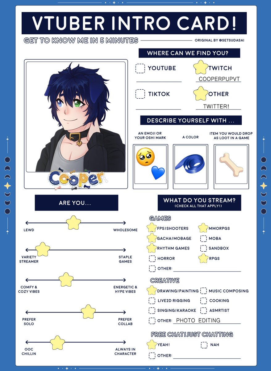 CooperpupVT's tweet image. Hi I'm Cooper! I'm a blue dog boy that's scared of thunder storms and loves coffee. I mainly photo edit but love so many different games too!

Let's be friends!🐶

#VtuberIntroCard #VtubersUprising #ENVtuber #pngtuber 

Thank you @setsudasai for this amazing template!