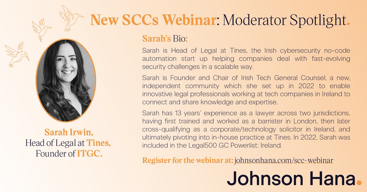 Irish Tech General Counsel (@irishtechgcs) on Twitter photo Nice speaker spotlight feature on our founder <a href="/SarahIrwin_Eire/">Sarah Irwin</a> who is moderating a webinar chat at 1pm GMT on Tuesday 23 Aug, hosted by Johnson Hana, on how to tackle repapering the new SCCs by the 27 December deadline. Link in bio to register!#irishtechgc #GDPR #GDPRCompliance Nice speaker spotlight feature on our founder <a href="/SarahIrwin_Eire/">Sarah Irwin</a> who is moderating a webinar chat at 1pm GMT on Tuesday 23 Aug, hosted by Johnson Hana, on how to tackle repapering the new SCCs by the 27 December deadline. Link in bio to register!#irishtechgc #GDPR #GDPRCompliance