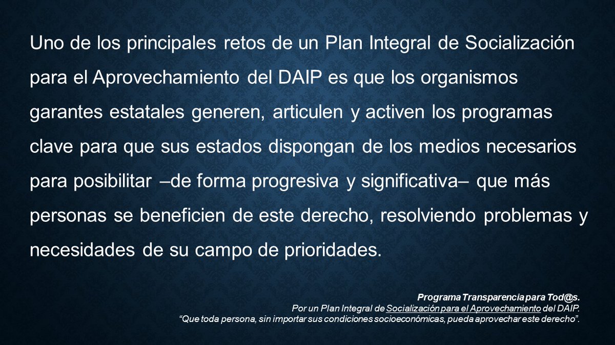 transparatodos's tweet photo. La función central para que un Plan Nacional Integral de Socialización para el Aprovechamiento del DAIP sea factible y productivo está en los organismos garantes locales.
#PlanIntegralDAIP
#SubirDeNivelSocializaciónDAIP https://t.co/420OrHxF3W