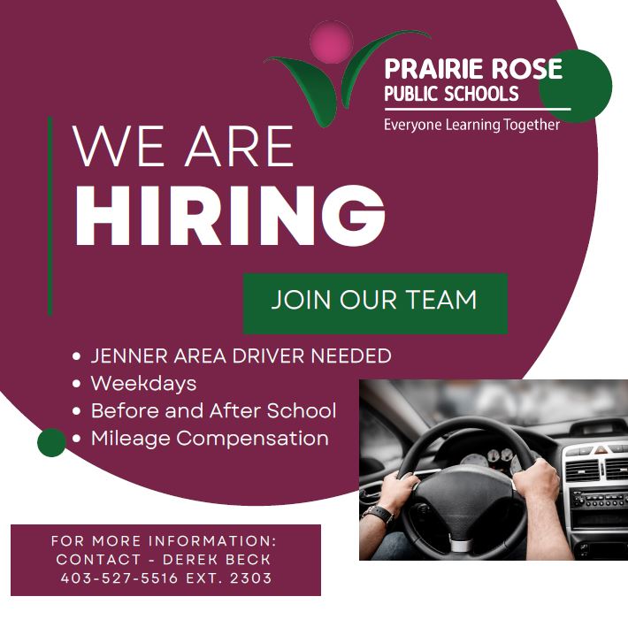PrairieRoseSD8's tweet photo. We are currently hiring a driver to transport students in the Jenner area. To learn more about the position, please contact the Prairie Rose Public Schools Transportation Department. #myprps #weareallprairierose https://t.co/stxImsVEyZ