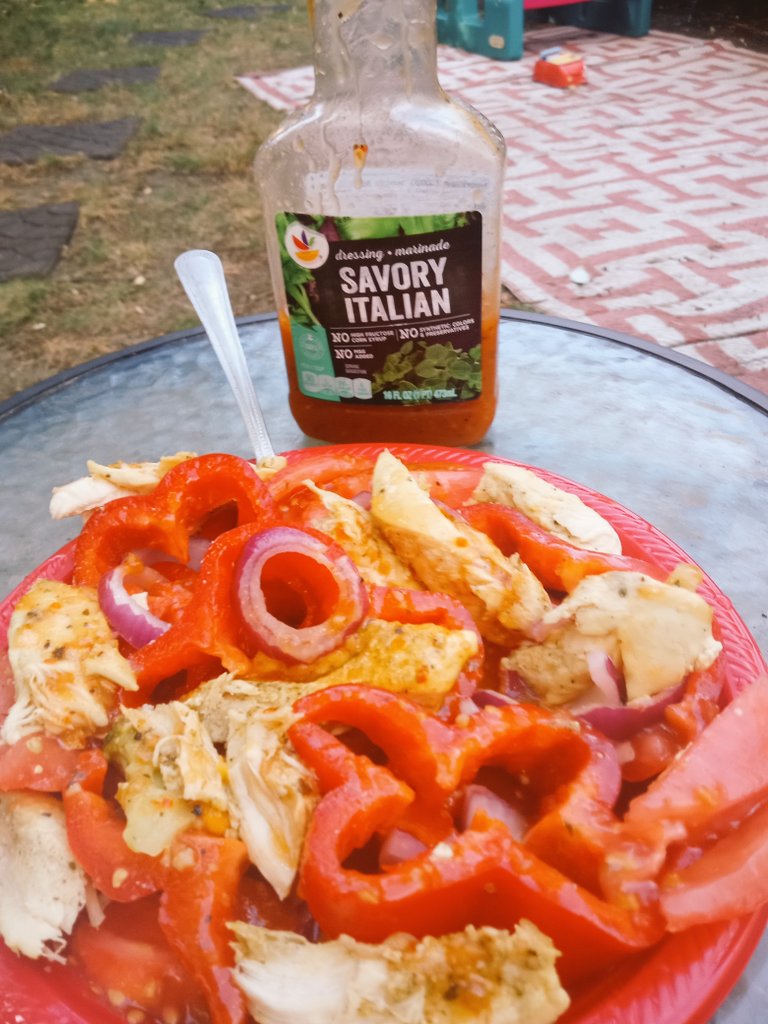 DoreneShaver1's tweet photo. Was so beautiful decided to eat outside dine alone tonight yumm relaxing with some lemon water😋👌👍#savory #italian savory spicy 😋👌#chickenbreast #cutlets over #redbellpepper #garden #redtomatoes n #redoion on a red plate https://t.co/FVo519JjCW