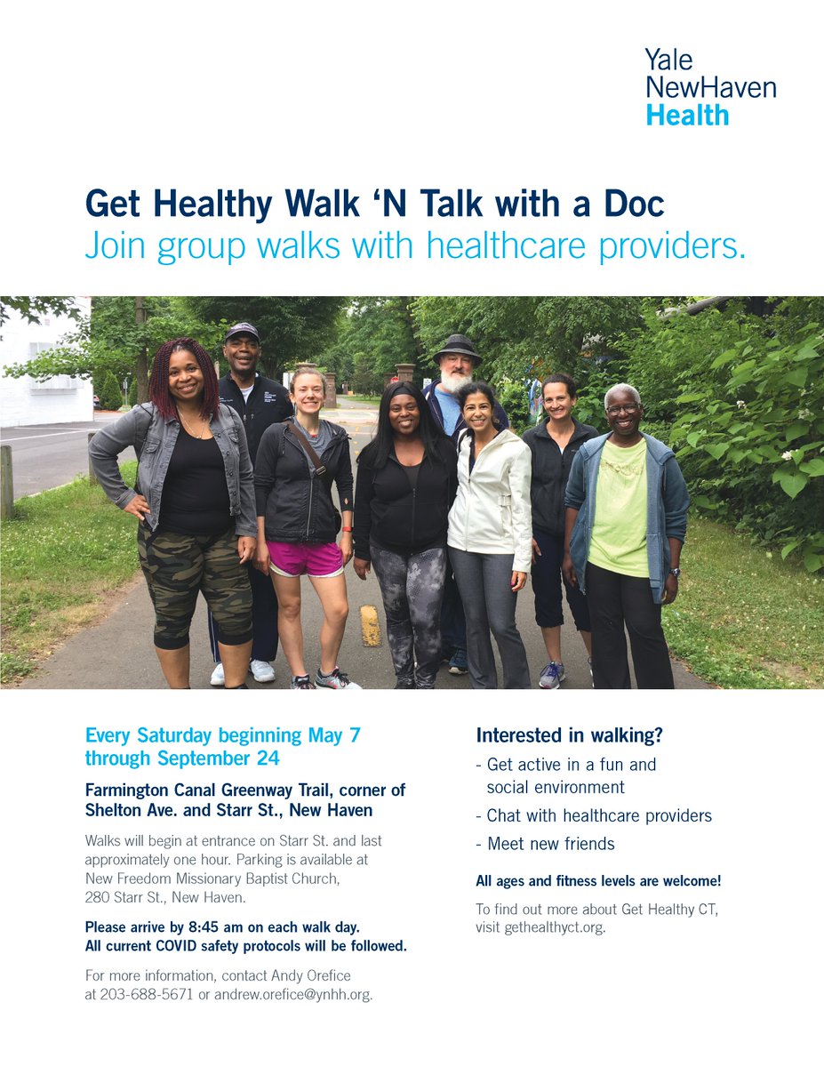 Join our "Get Healthy Walk ‘N Talk with a Doc" every Saturday through September 24! All ages and fitness levels are welcome. For more information, contact Andy Orefice at 203-688-5671 or andrew.orefice@ynhh.org.