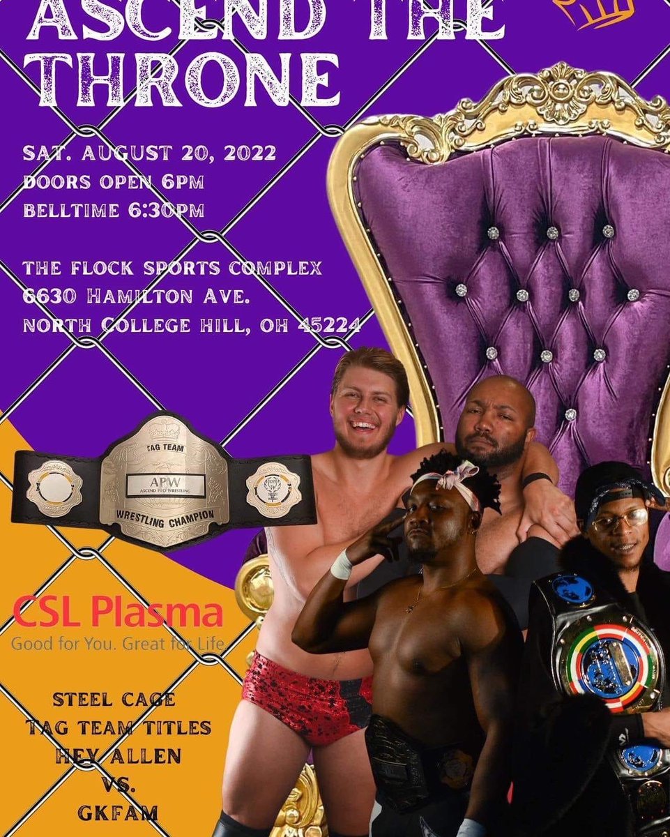 nickmaniwa's tweet image. SATURDAY! North College Hill, OH! @AscendProW’s Ascend the Throne
facebook.com/ascendprowrest…

@DonBlazeGKFAM &amp;amp; @PiperGKFAM defend their APW Tag Team Titles vs @_HeyALLEN in a cage match!