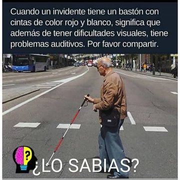 Cuando un invidente tiene un bastón con cintas de color rojo y blanco, significa que además de ceguera padece sordera

Sé especialmente cuidadoso con él

Please dale ReTwit

Sígueme y te sigo
el mismo día...!