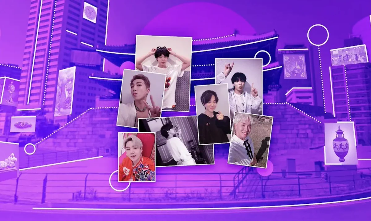 Photos of BTS band members against a purple background.