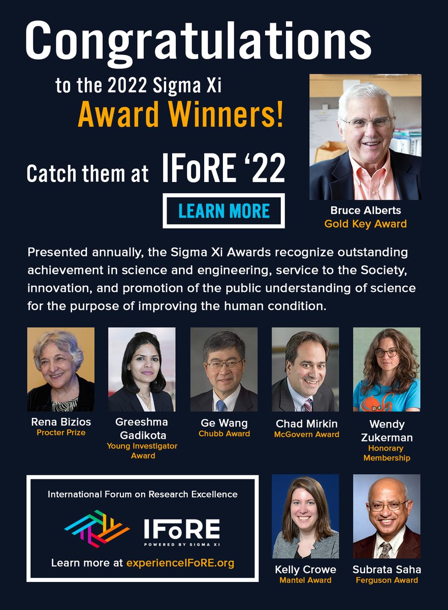 SigmaXiSociety's tweet photo. Meet the 2022 #SigmaXiAwards winners! Congratulations to this exceptional collection of accomplished and innovative scientific minds. Don't miss their #KeyThought sessions and the awards banquet at #IFoRE22 READ MORE: https://t.co/Cov9bcDlcX https://t.co/h611qCmZns