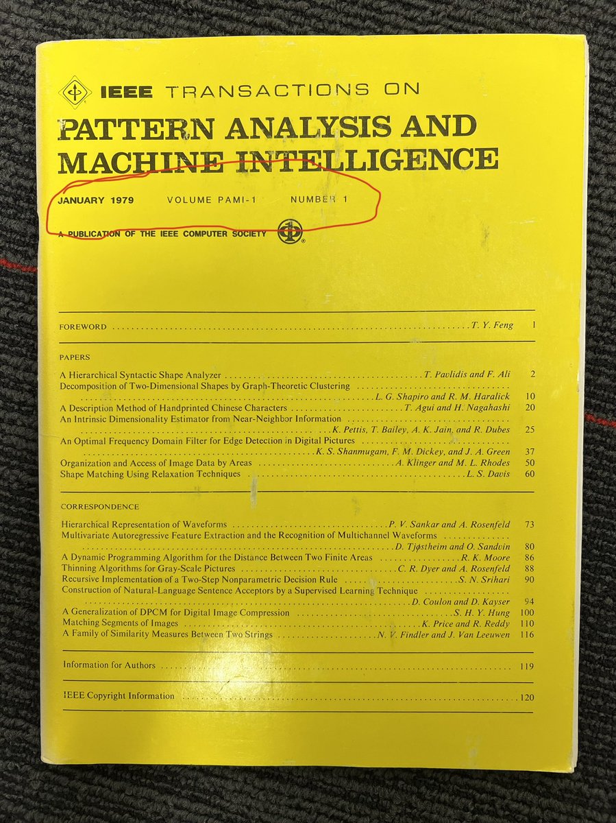 drfeifei's tweet photo. Wow, look what I found when cleaning up my office! 1st volume @IEEEorg PAMI @ComputerSociety ! Such a historical artifact of #computervision research! 😍 https://t.co/x0p3bZ63dE