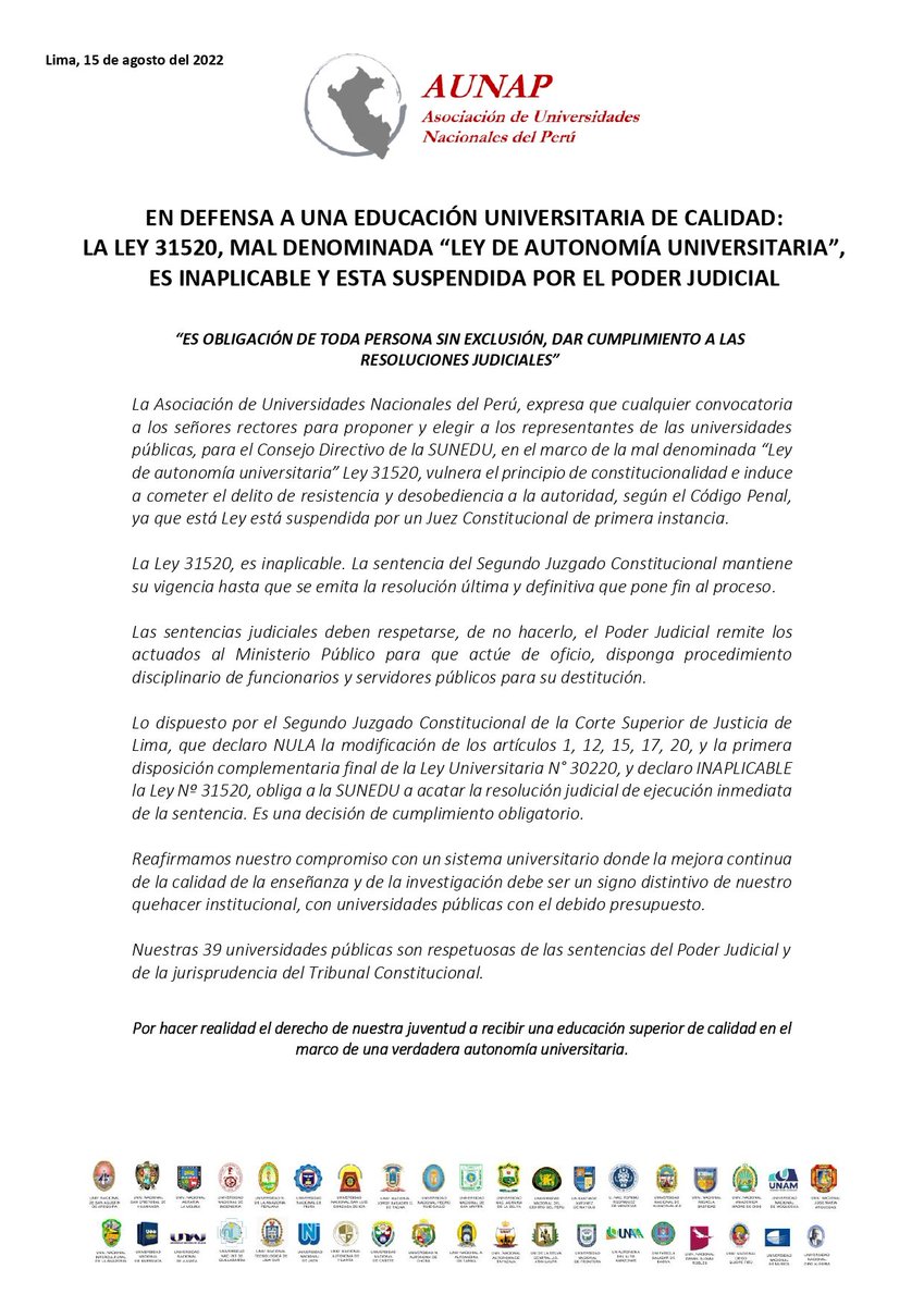 Saludo y respaldo que estudiantes de más de 4️⃣0️⃣ gremios universitarios y 3️⃣9️⃣ universidades públicas (<a href="/Aunaperu/">Asociación de Universidades Nacionales del Perú</a>) exijan el cumplimiento de la #DecisiónJudicial de inaplicar la Ley de #ContrarreformaUniversitaria.

#LaEducaciónSeRespeta 💪🇵🇪