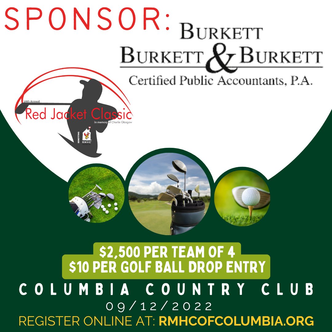 Big thanks to #BurkettBurkett&amp;Burkett, 2022 Red Jacket Classic Sponsor!
Only *26* days left to register your team &amp; or purchase #GolfBallDrop entries here: rmhcofcolumbia.org/golf-tournamen…