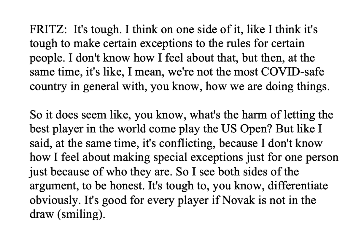 Asked Taylor Fritz about the unvaccinated Novak Djokovic not being allowed (at this stage) into the USA to play the US Open