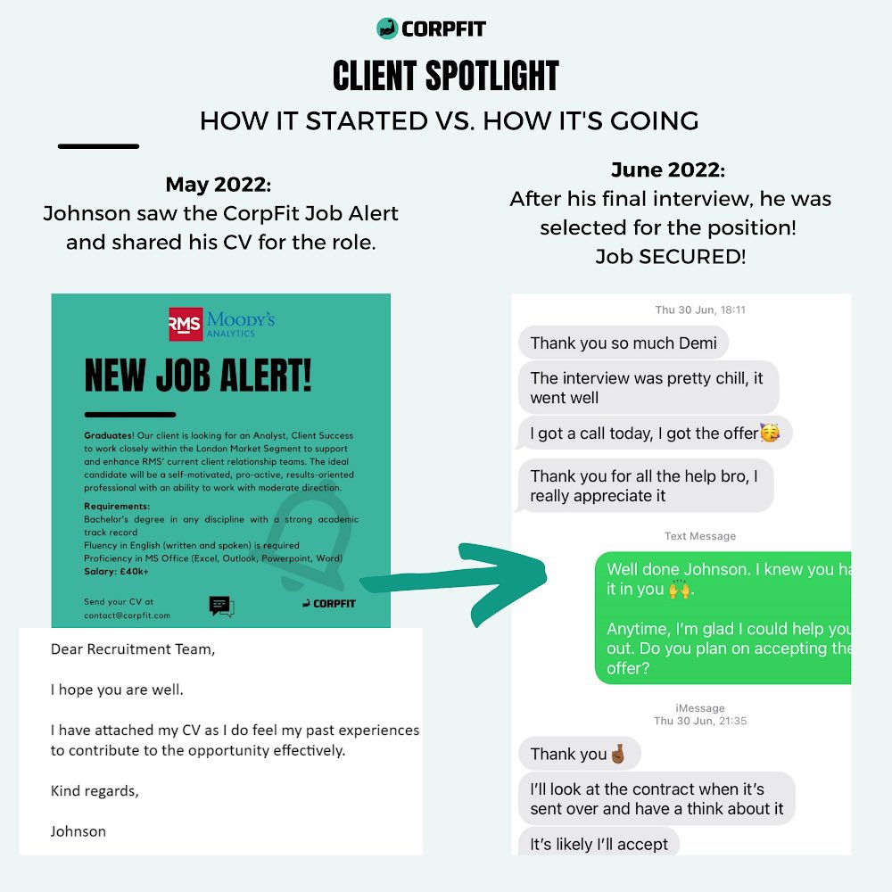 From a Job Alert to a Graduate Role… In a MONTH🔥🚨

Our team love working with clients and seeing results like this.

Back in May, Johnson reached out to the team after seeing our New Job Alert. 

With his hard work, he was offered a graduate position. 🏦

#finance #graduate