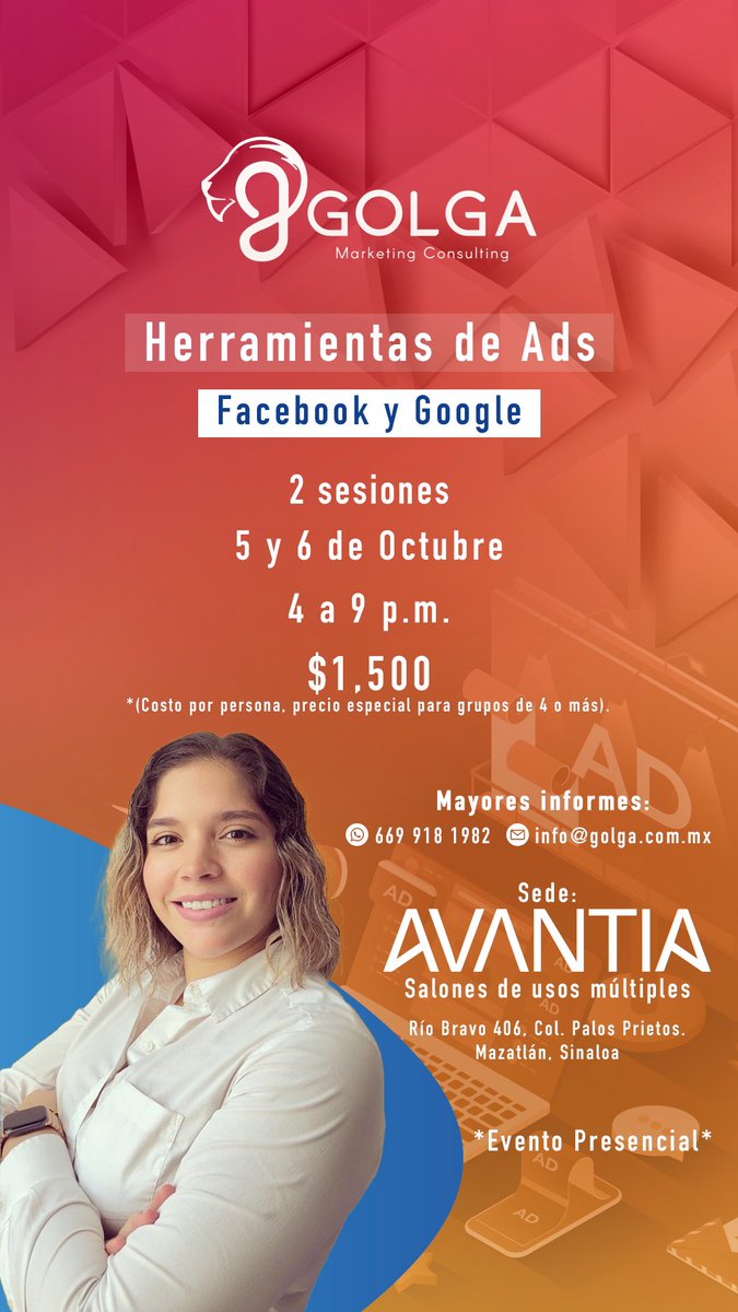 celina_glez's tweet photo. 📢 Se viene curso nuevo! Herramientas de Ads: Facebook y Google. ‼️Mazatlán curso intensivo de 2 días‼️
Más info: 669 918 1982 o info@golga.com.mx 

#Golga #ElMarketingEnTuIdioma #Marketips #Marketing #Mercadotecnia #RedesSociales #SocialMedia #Curso #Ads #Mazatlan https://t.co/cJKUh7BUJ4