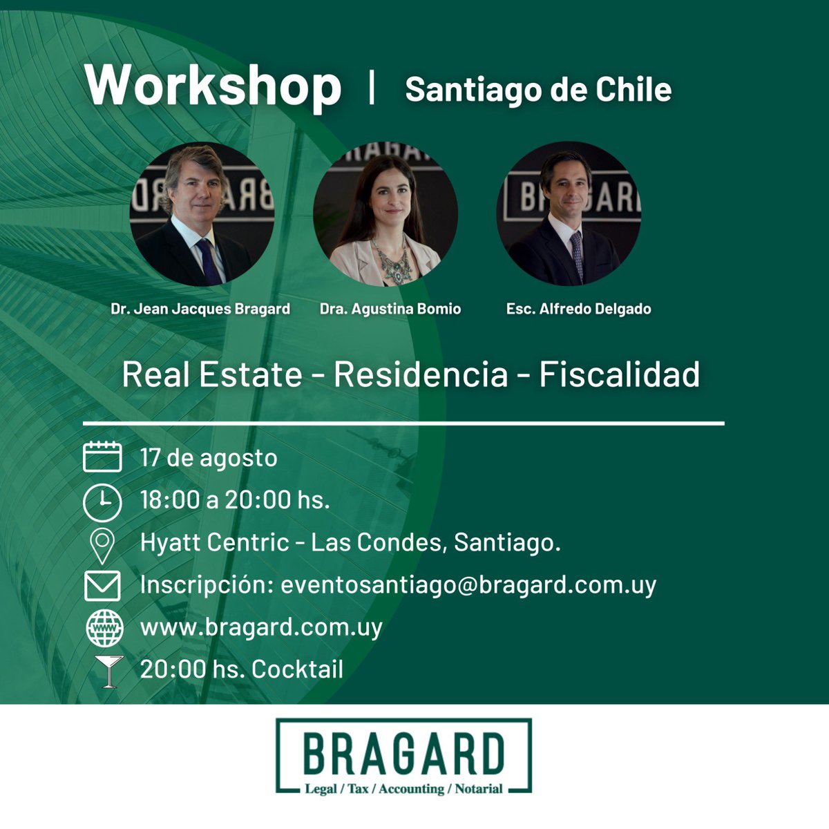 BRAGARD (@bragardabogados) on Twitter photo En el día de hoy nuestros Socios <a href="/jotabragard/">Jean Jacques BRAGARD</a> , Agustina Bomio y Alfredo Delgado Sartori se encuentran en Santiago de Chile finde brindarán una conferencia sobre Real Estate, Residencias y Fiscalidad. En el día de hoy nuestros Socios <a href="/jotabragard/">Jean Jacques BRAGARD</a> , Agustina Bomio y Alfredo Delgado Sartori se encuentran en Santiago de Chile finde brindarán una conferencia sobre Real Estate, Residencias y Fiscalidad.