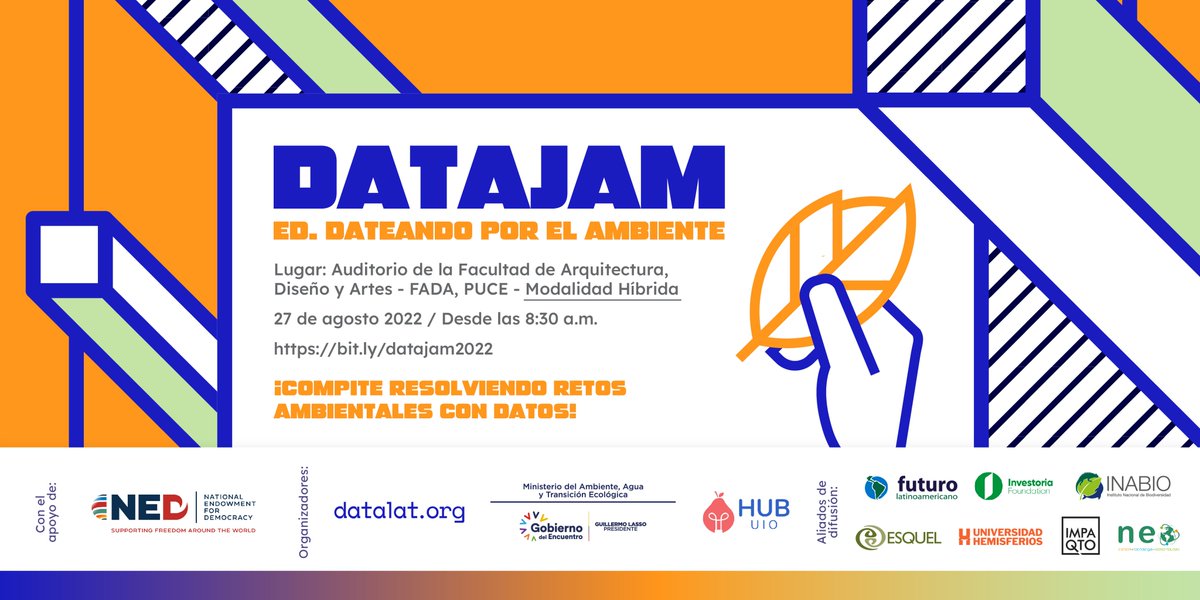 FuturoLatinoame's tweet image. #AliadosFFLA | Únete al #Datajam2022: #Dateandoec por el ambiente, un evento de competición para analizar y utilizar datos abiertos ambientales🌿

📍 Modalidad Híbrida - FADA, @PUCE_Ecuador - Zoom
📅 Inscríbete hasta el 23 de agosto
🔗Conoce más en: bit.ly/Datajam2022