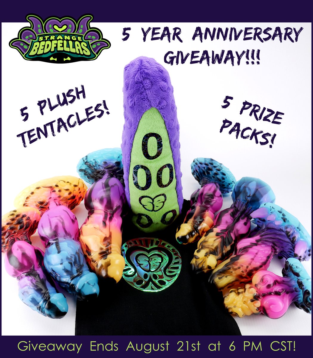 strangebedfella's tweet image. It wouldn&apos;t be a birthday party without a BIG GIVEAWAY 🥳
We&apos;ve got plush tentacles and shiny new Tyvs to celebrate our 5th anniversary!

Read this thread then comment on and retweet THIS tweet to enter!

We&apos;ll draw one winner for each prize pack at 6 PM CST on August 21st!