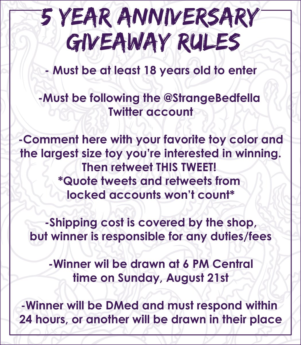 strangebedfella's tweet image. It wouldn&apos;t be a birthday party without a BIG GIVEAWAY 🥳
We&apos;ve got plush tentacles and shiny new Tyvs to celebrate our 5th anniversary!

Read this thread then comment on and retweet THIS tweet to enter!

We&apos;ll draw one winner for each prize pack at 6 PM CST on August 21st!