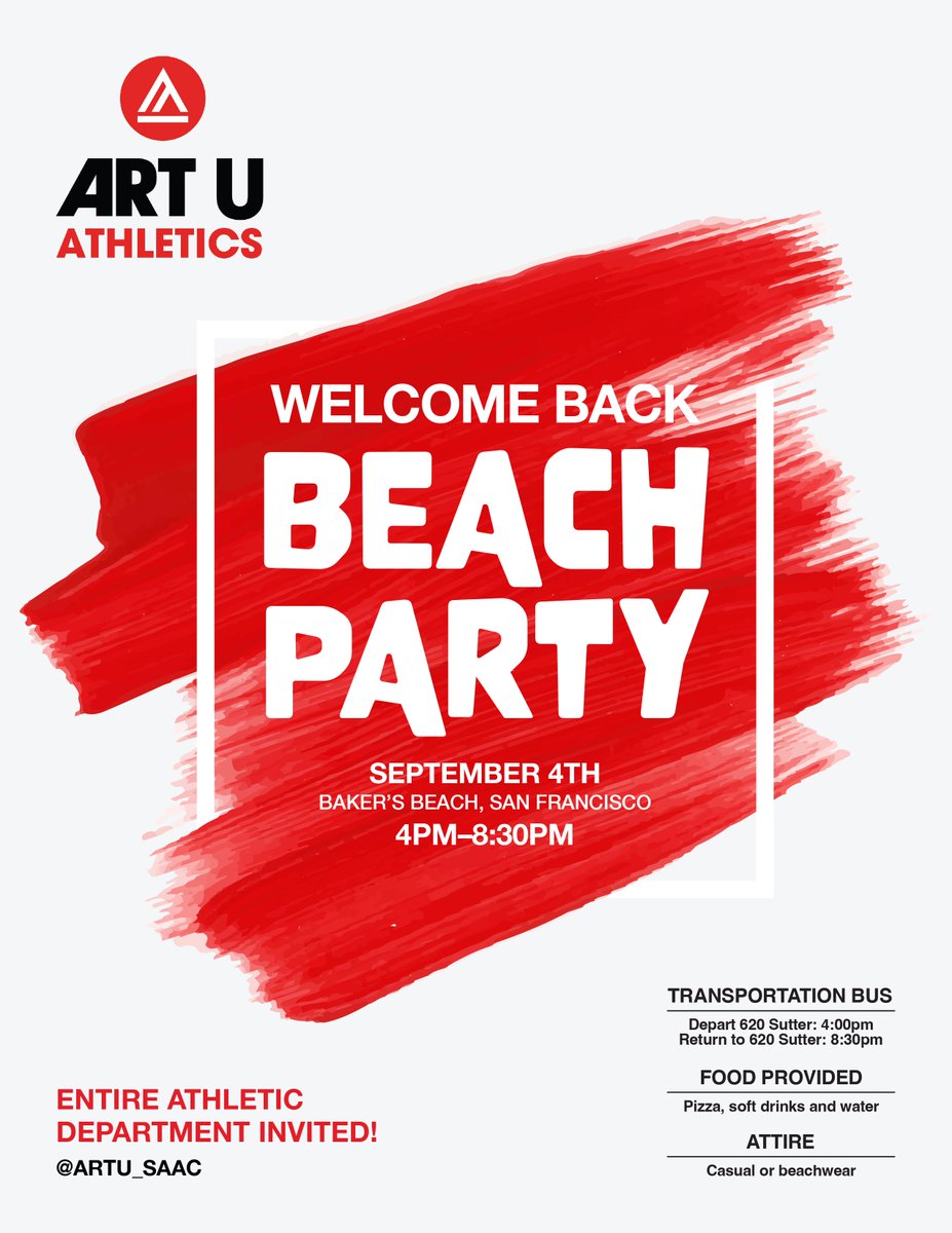 ARTU_Knights's tweet photo. #UrbanKnights! The #ARTU Student-Athlete Advisory Committee would like to welcome you back for the fall semester with a beach party on Sunday, Sept. 4 from 4-8:30pm! Details below ⤵️ #ArtSchool https://t.co/7IGfbkG1Mr