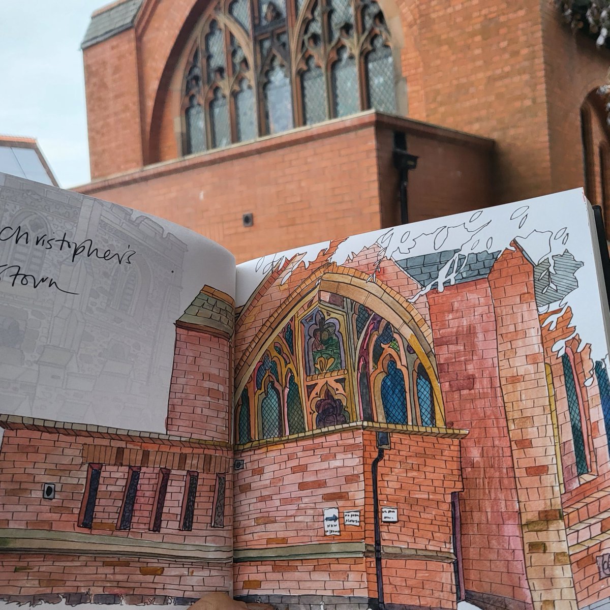 #stchristopherschurch #Ellistown #coalville with new extension at the front.  Loved including the little temporary signs which capture the issues of having building work done!  #hayleydrawschurches #dioceseofleicester #leicscofe #churchofEngland #churcharchitecture #orangechurch