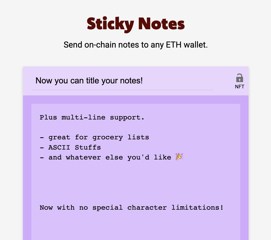 mr0chill's tweet photo. Yesterday we released Sticky Notes, a way to send multi-colored messages straight to your friend's (or enemy's) wallets. 

Today we release V2 which corrects security issues, adds features, and introduces what we believe is the first on-chain "anti-virus" implementation.

🧵👀📝 https://t.co/m1THMFVFuM