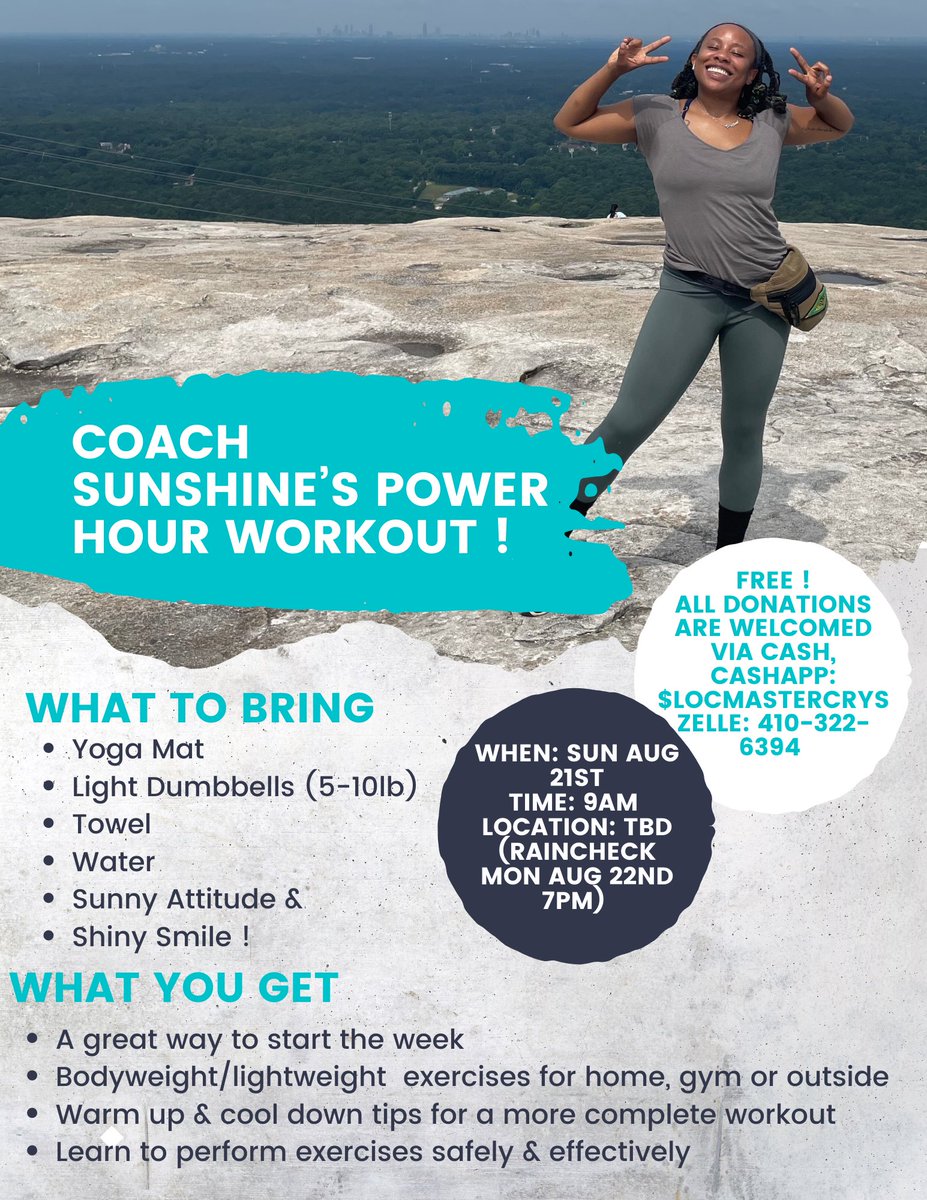 coachsunshine27's tweet photo. Start the week with Coach Sunshine’s Power Hour Workout, starting this Sun, 08/21 at 9am. I’ll post location tomorrow & raincheck will be Mon, 08/22 at 7pm. 💪🏾🥵 #CoachSunshine #ATLTrainer #FitLife #LitLife https://t.co/60JCEi2A5N