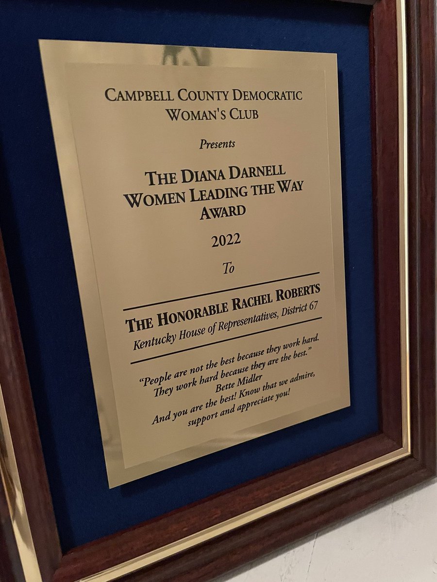 Rachel4KY's tweet photo. Oh my gosh! Talk about a surprise! Thank you to the Campbell County Democratic Women’s Club for bestowing upon me their Women Leading the Way award for 2022. These women have been doing the hard work for decades and their approval means more to me than I could ever convey. https://t.co/zPRQqrGnEj