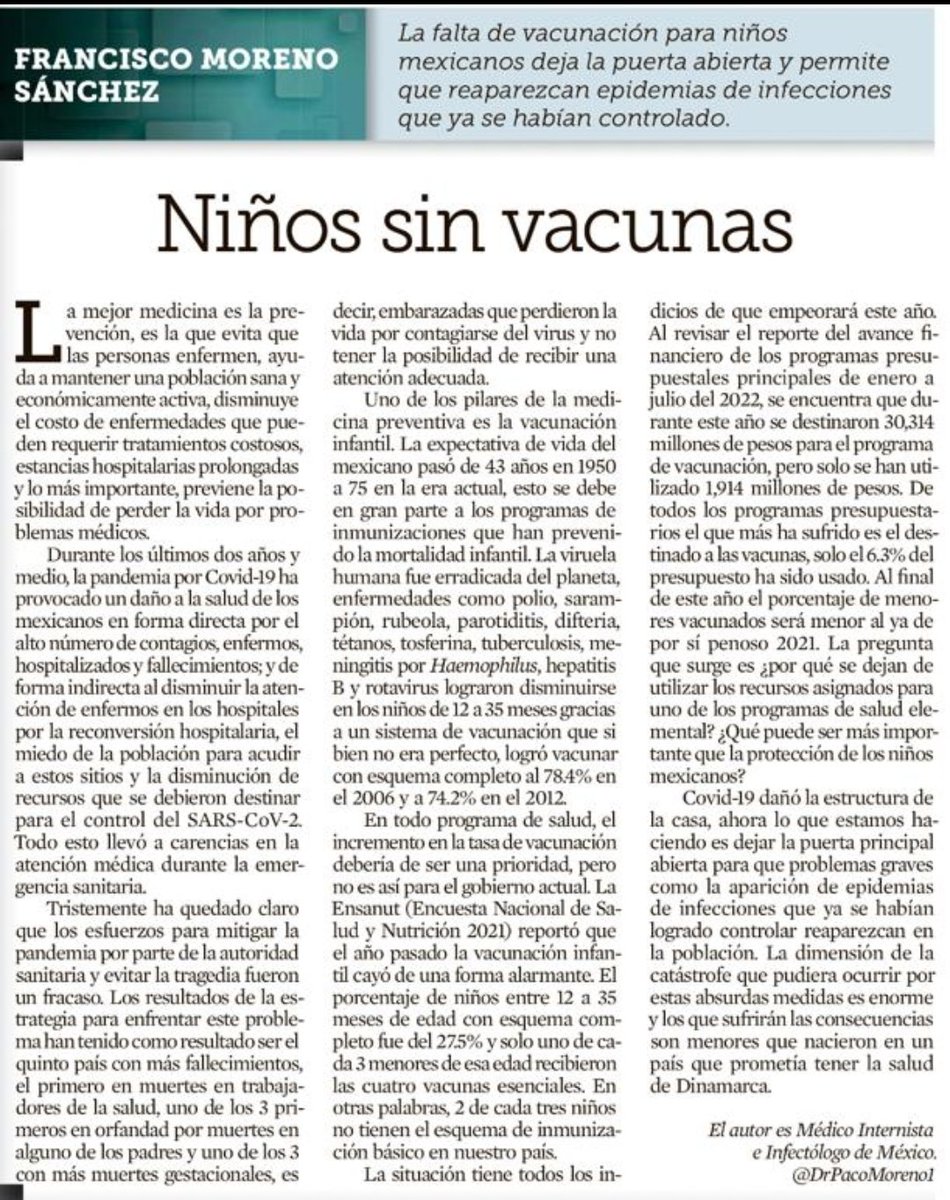 lximenezfyvie's tweet image. México fue líder mundial en vacunación infantil, alcanzando una cobertura del esquema básico de entre 75 y 80% de la población. Hoy apenas el 27.5% de los menores entre 12 y 35 meses cuentan con él.

@DrPacoMoreno1 escribe sobre este nuevo y grave problema de salud pública en 🇲🇽.