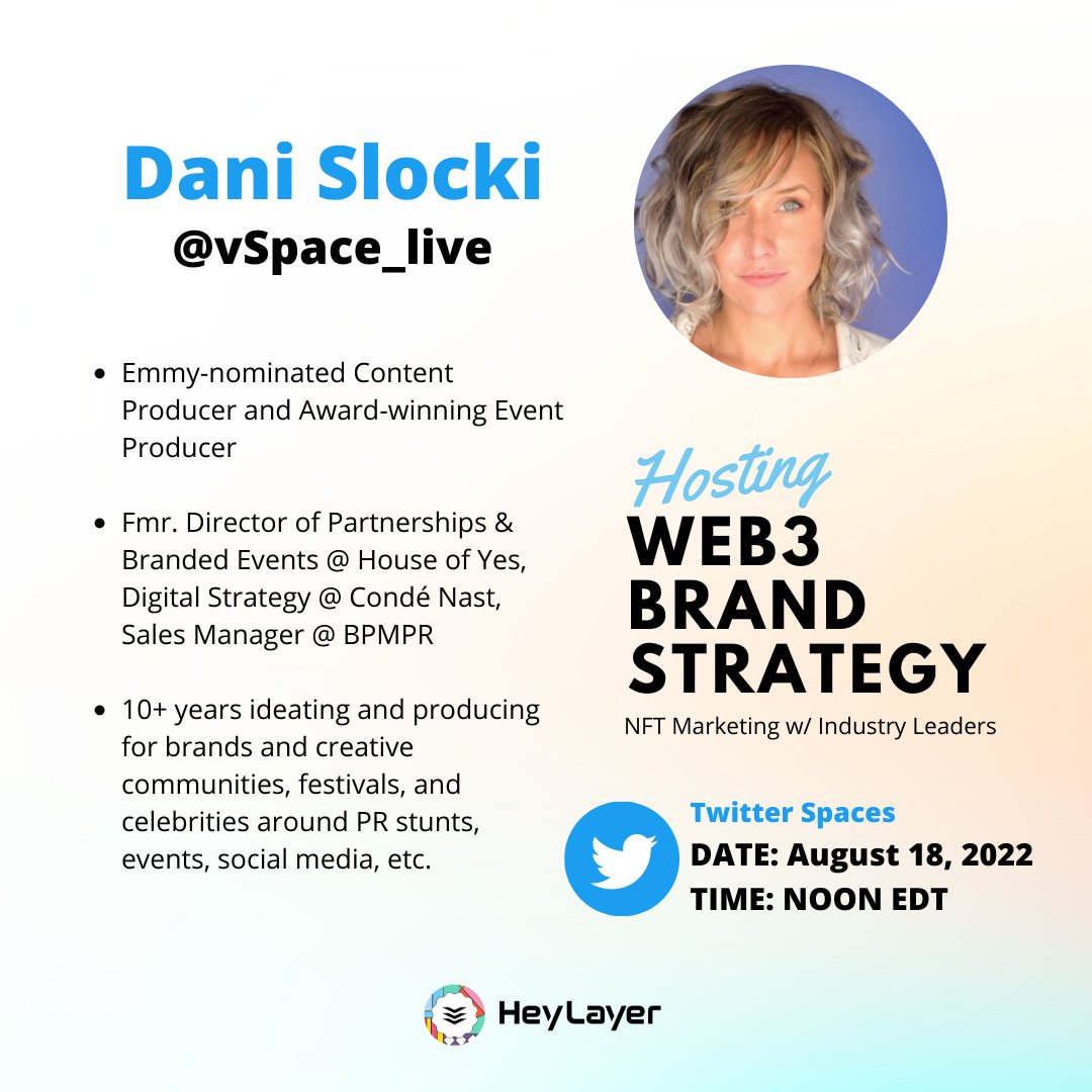 HeyLayer's tweet photo. Meet @vSpace_live, an amazing industry leader who will be joining our chat with #web3 #marketers this Thursday, August 18th at 12 pm EDT! #womenintech #womenincrypto https://t.co/fwzH6DsRPH https://t.co/tw6XYb2QlC