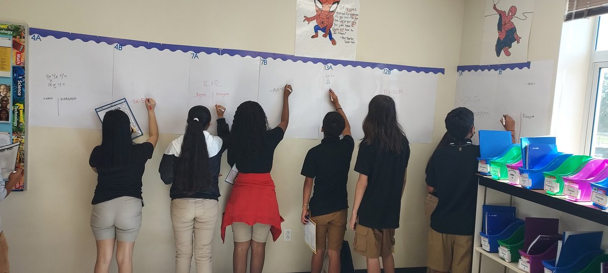 MisterWippel's tweet photo. New this year: Math 360! Students were assigned different integer multiplication probs to solve on their white board space. Then, they rotated around the room to vote "agree / disagree." This led to convos about negatives squared vs negatives cubed! @IMS_Indians @CCPS_Curriculum https://t.co/AD4sWHkUIz