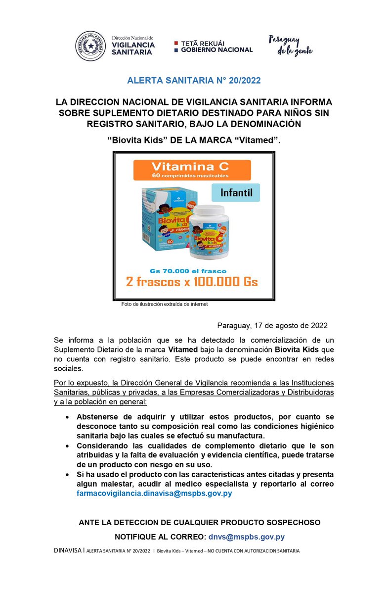 DINAVISApy's tweet photo. #AlertaDINAVISA 🚨
❌ Se ha detectado la comercialización irregular del suplemento dietario de la marca Vitamed bajo la denominación Biovita Kids, el mismo no cuenta con registro sanitario.
✅ #DINAVISApy recomienda no adquirir o usar este producto.
🔗https://t.co/y5ttuNv5mT https://t.co/8cZUUAaHbi