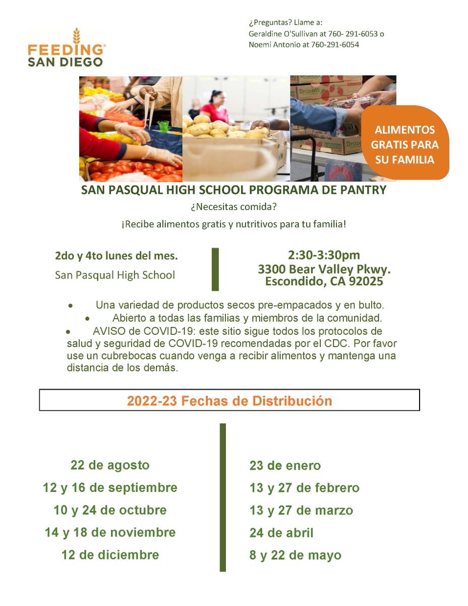 EUHSD's tweet image. Escondido families can take advantage of free food distribution events taking place at our school sites.  A variety of prepackaged food and produce will be available at @OrangeGlen AND @SanPasqualHS this coming Monday after school.