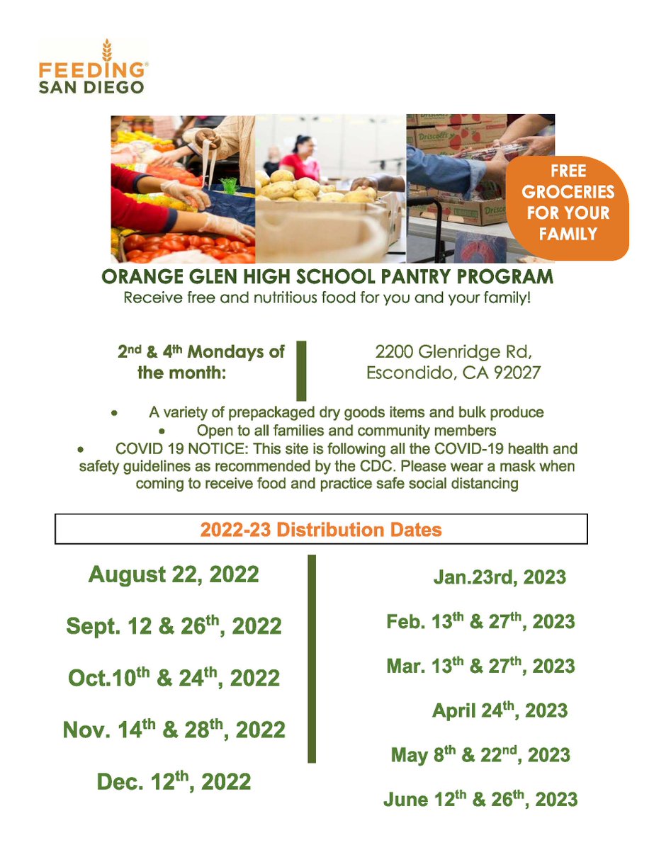 EUHSD's tweet image. Escondido families can take advantage of free food distribution events taking place at our school sites.  A variety of prepackaged food and produce will be available at @OrangeGlen AND @SanPasqualHS this coming Monday after school.