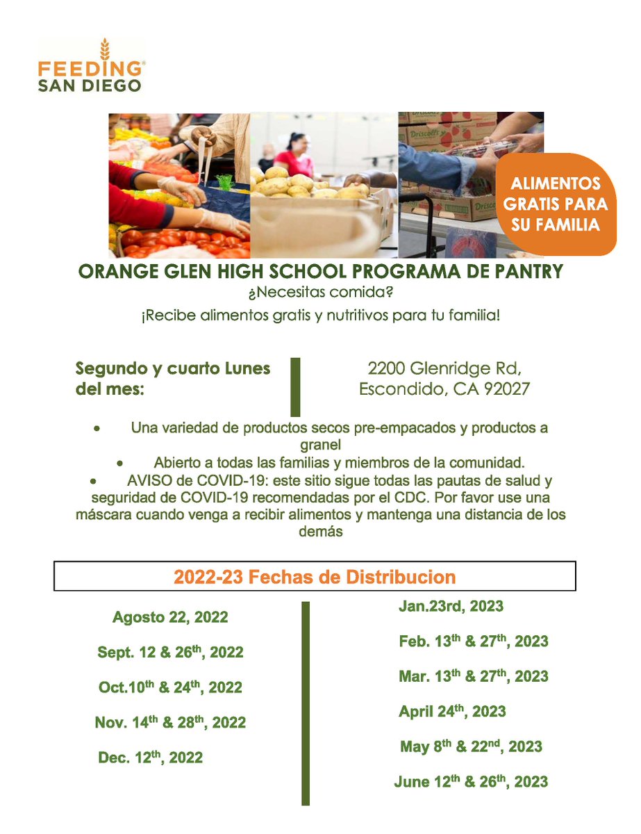 EUHSD's tweet image. Escondido families can take advantage of free food distribution events taking place at our school sites.  A variety of prepackaged food and produce will be available at @OrangeGlen AND @SanPasqualHS this coming Monday after school.