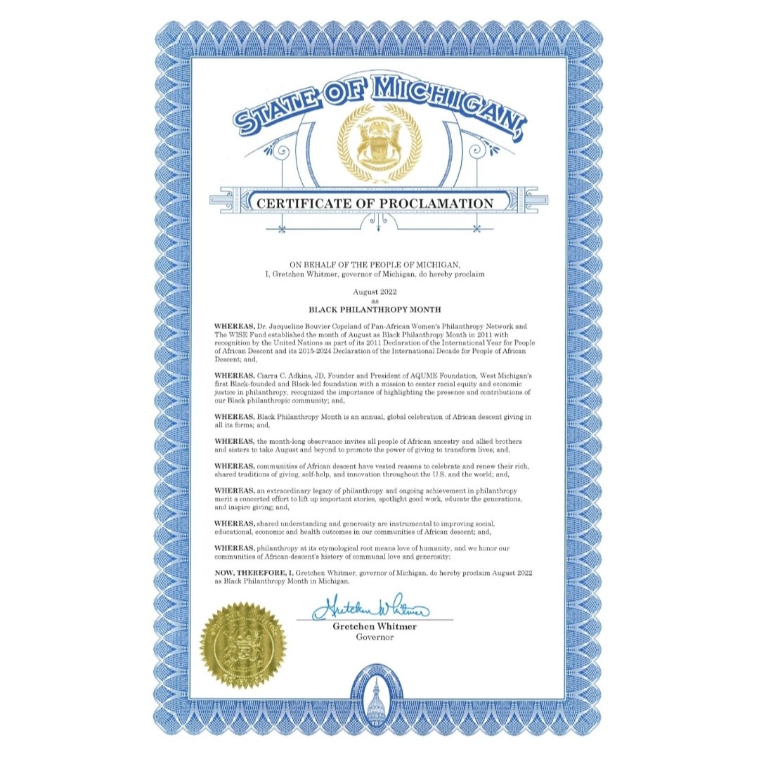 BWSGrandRapids's tweet photo. #StateProclamation π
@GovWhitmer Governor Gretchen Whitmer has officially proclaimed August Black Philanthropy Month π Special THX @mayorbliss & @CityGrandRapids for recognizing the National BPM locally. Special THX to BWSGR 501c3 Fiduciary partner @AQUMEfoundation π https://t.co/1qLH9St6hT