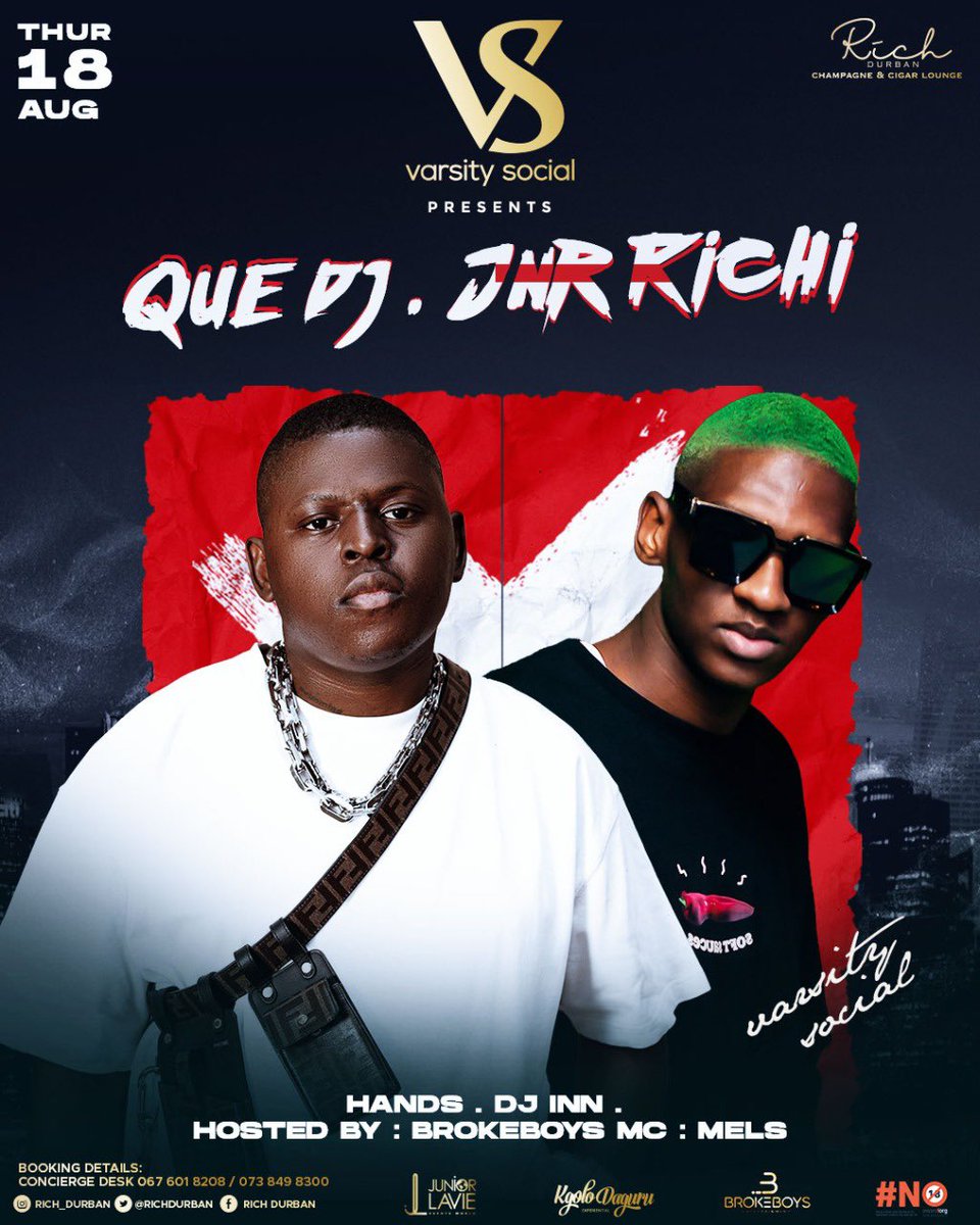 #RichThurdays - Varsity Social Presents The Best Of The New Skool @que_dj &amp; @jnr_richi. Who’s Gon’ Run This Town, Gqom or iPiano?🕺🏾 

Residents: <a href="/hands_dj/">#HandsMakeHerDance..</a> , <a href="/realdjinn/">⚔️⚰️🧛🏻‍♂️</a> &amp; <a href="/fakumfutho/">.</a> 

MC: @melellyn_ 
Hosted By: @brokeboys.entertainment 
Table Bookings: 0676018208☎️